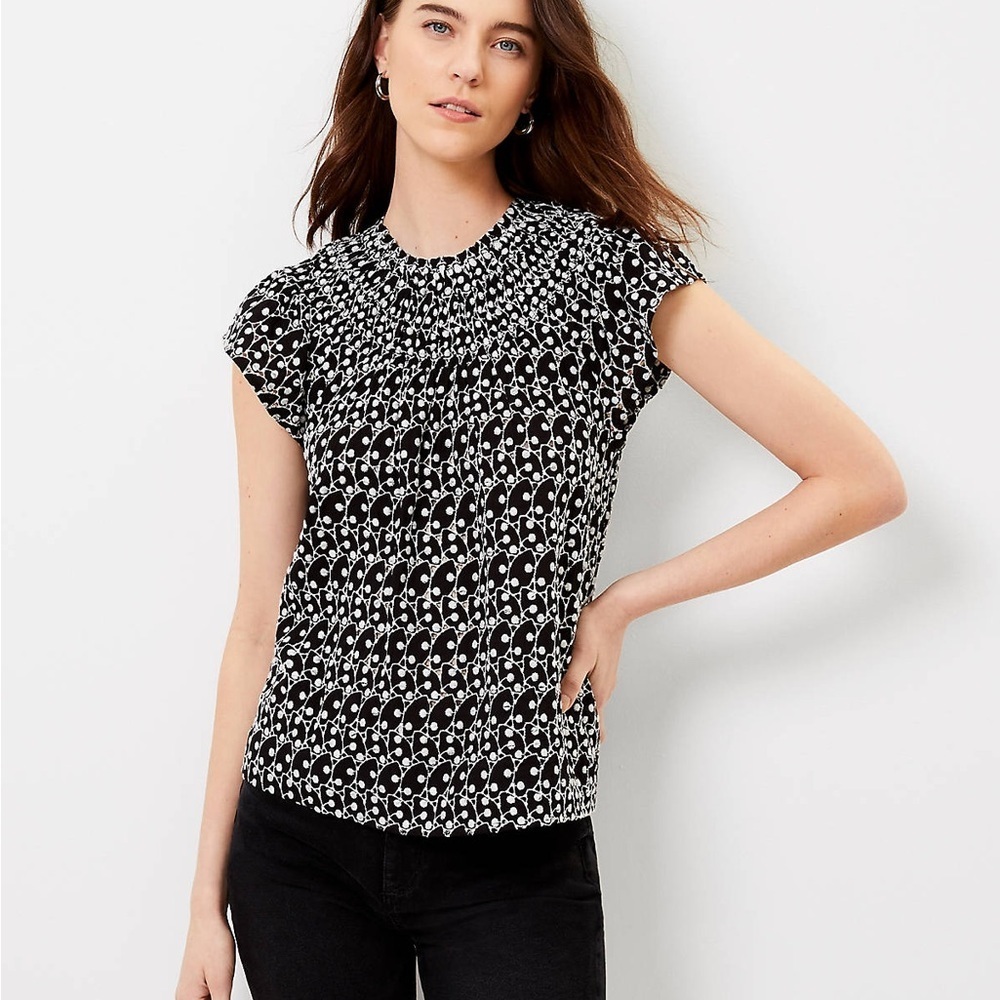 #44 LOFT  • BLACK AND WHITE TOP • EMBROIDERED SMOCKED NECK